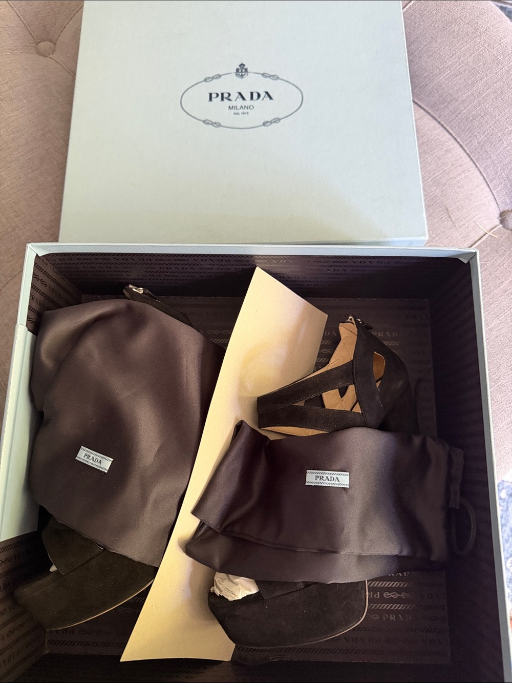 Prada Black Suede Crisscross Platform Chunky Block Hill Women’s Size 39 - Picture 9 of 9